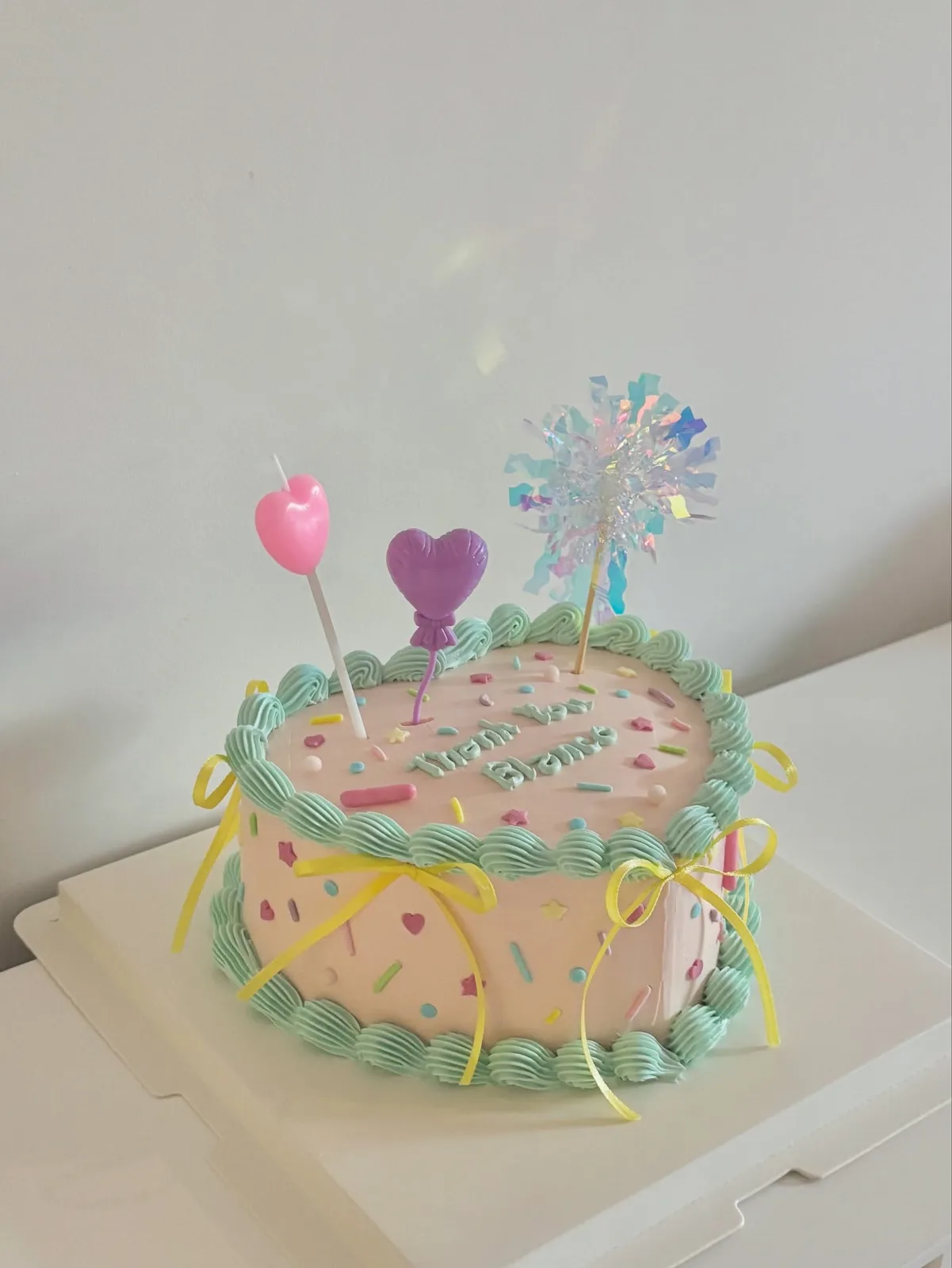 Pastel cake with heart picks and piped border, custom cake made in Streatham SW16 - Danine Cakes