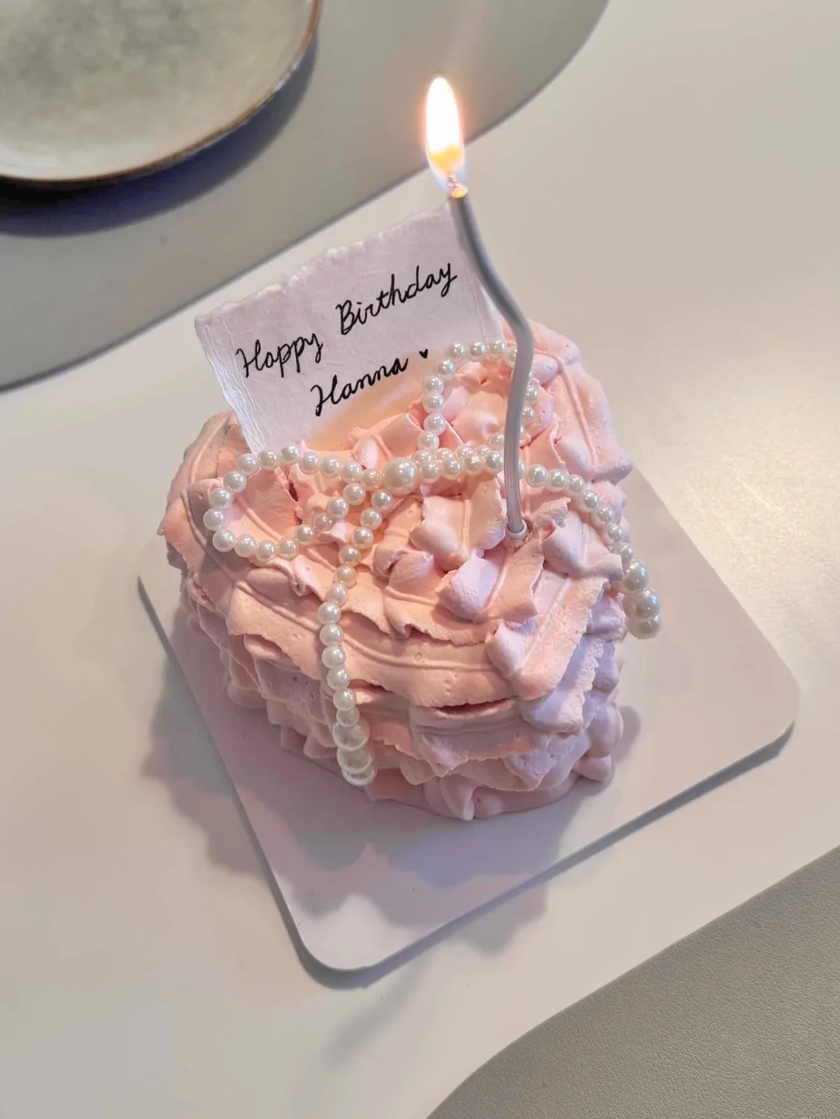 Peach piped cake with pearls and birthday card topper, custom cake made in Streatham SW16 - Danine Cakes