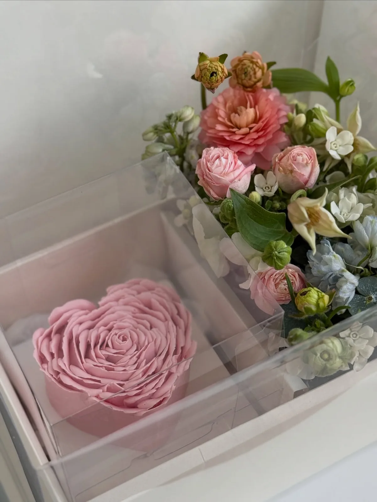 Pink rose piped heart cake with fresh flower box, handmade to order by Danine Cakes in Streatham, South London