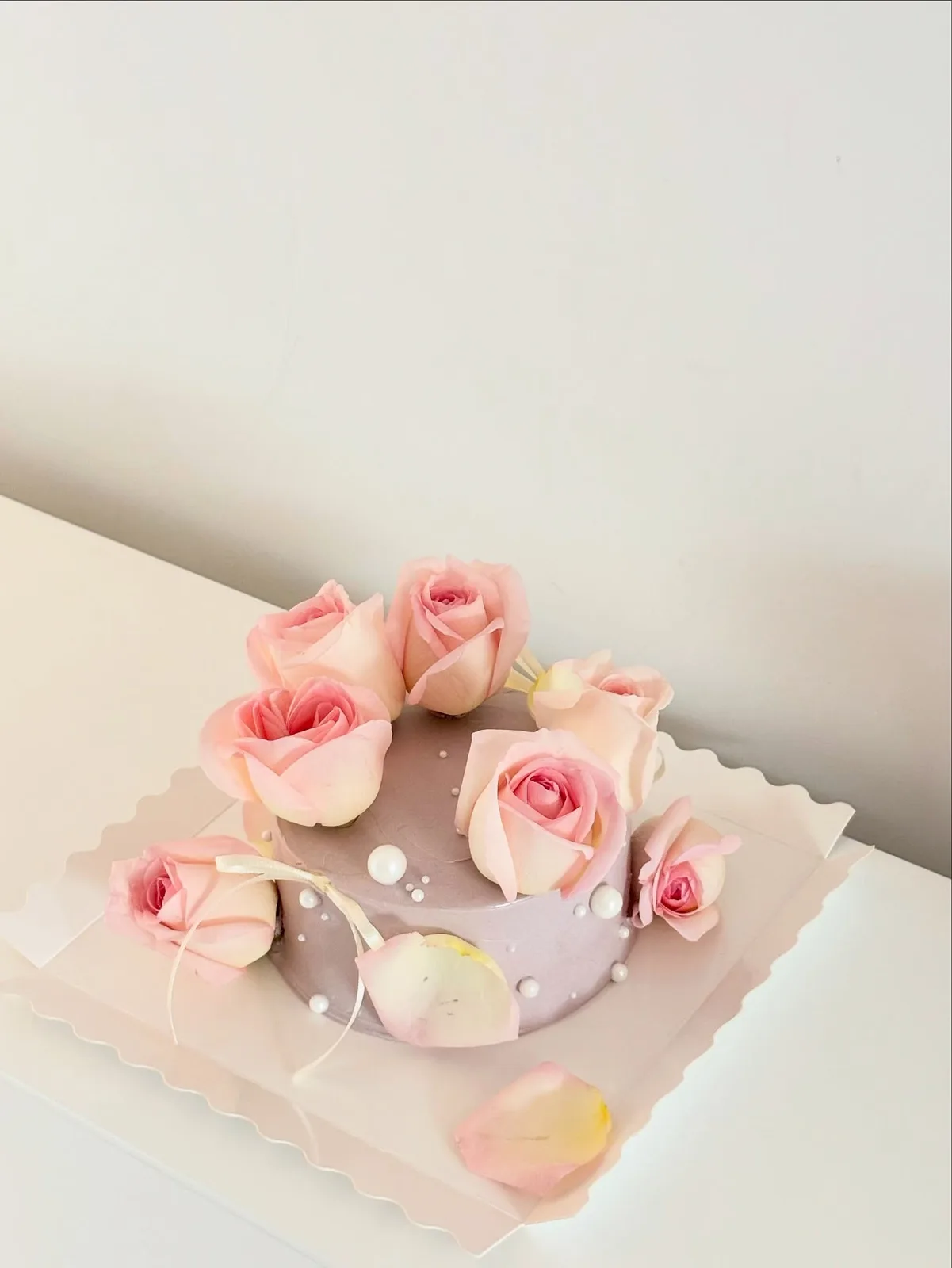 Taupe cake with fresh pink roses and pearls, Korean-inspired custom cake handmade in Streatham, London